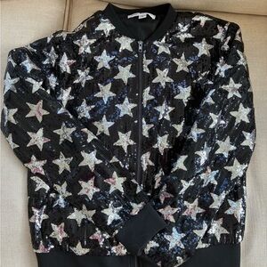 Say What? Black Bomber Jacket with Silver Star Sequins